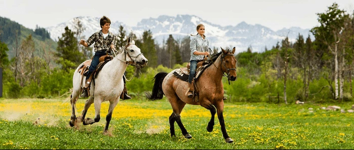 Confident plus-size woman riding Liverpool a horse through a field with a smile on her face.